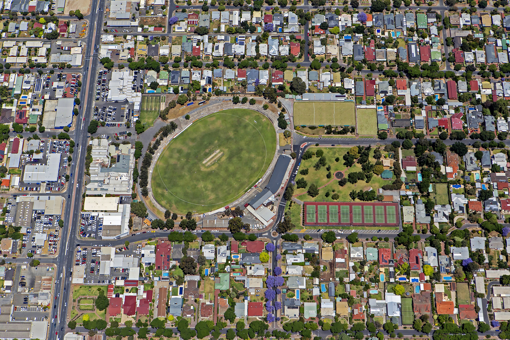 Aerial image of Prospect Oval, Prospect Tennis Club, Prospect Memorial Gardens and surrounding area.