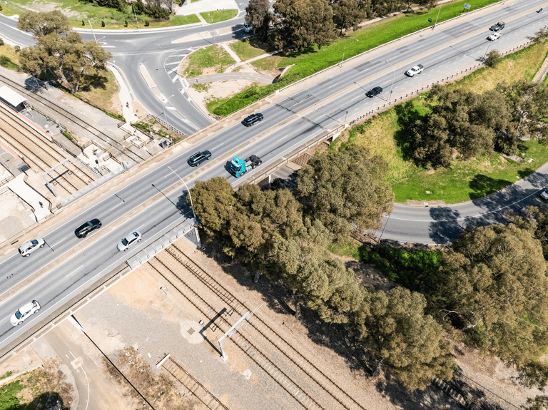An aerial image showing the Islington Railway Station and Regency Road overpass, where works for the Churchill Road Drainage Upgrade will take place