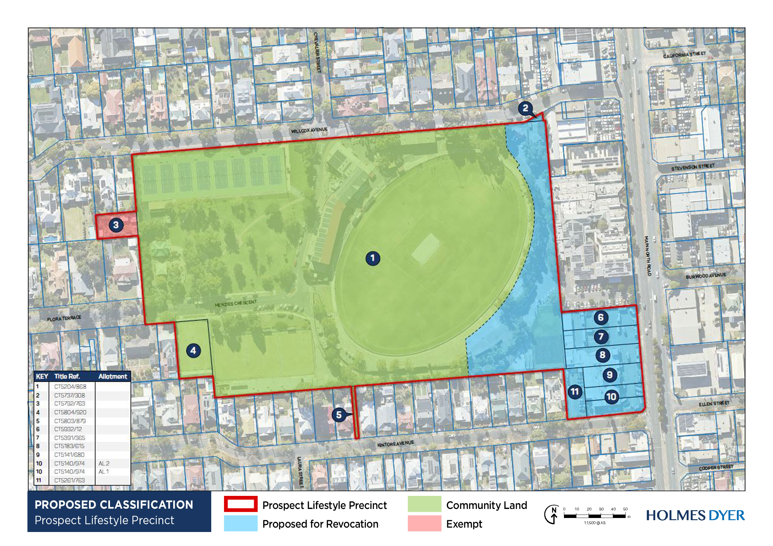 An aerial image showing the Prospect Lifestyle Precinct and the areas which Council is proposing to have its community land status revoked.